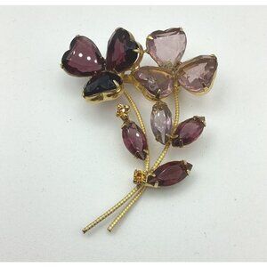 1960s Amethyst Lavender & Topaz Colored Rhinestone Leaf Flower Pin Goldtone